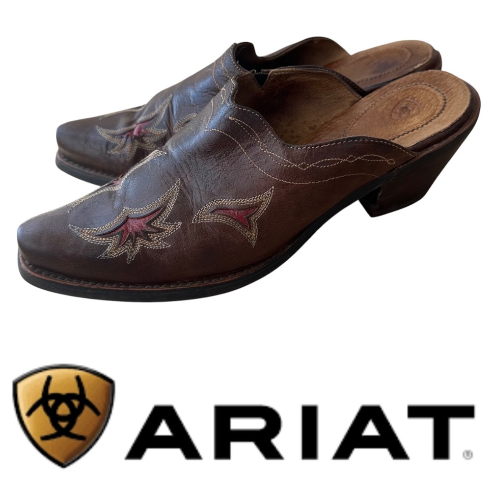 Ariat Manzanita Clogs Mules Shoes Sz 7.5 Western Cowgirl Slip On Brown Leather - Picture 3 of 9
